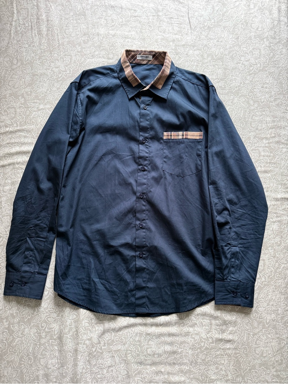 Men's Navy Long-Sleeve Dress Shirt with Plaid Trim